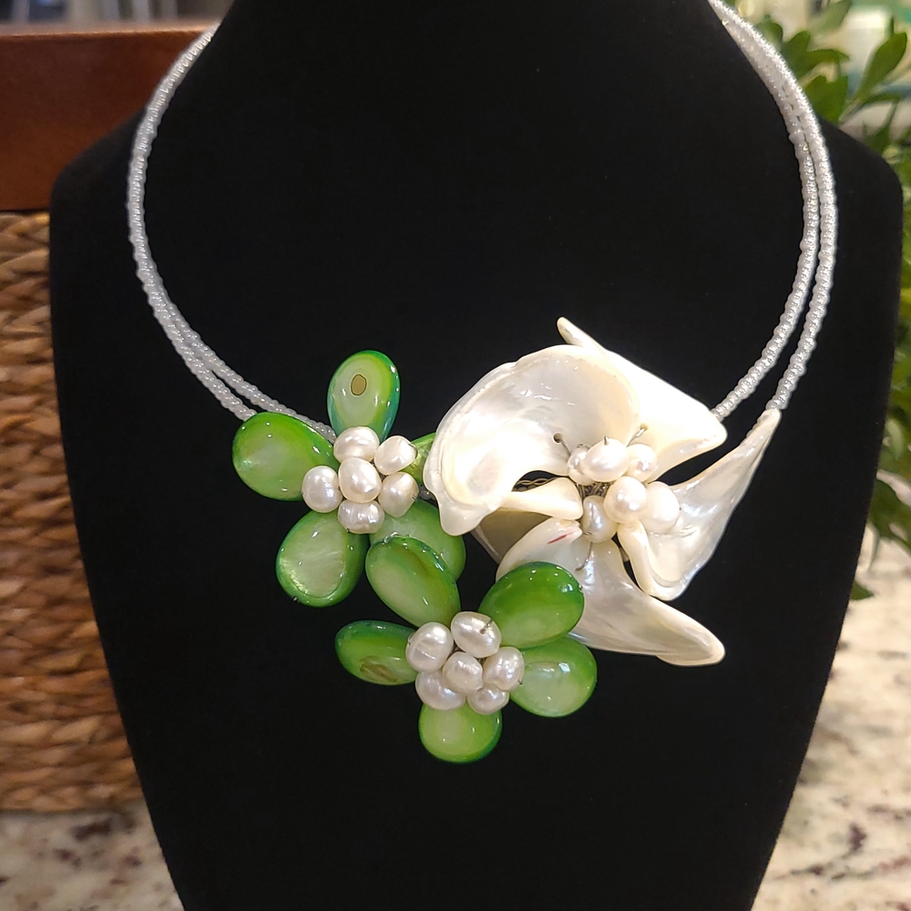 Floral Necklace with Green and White Accents